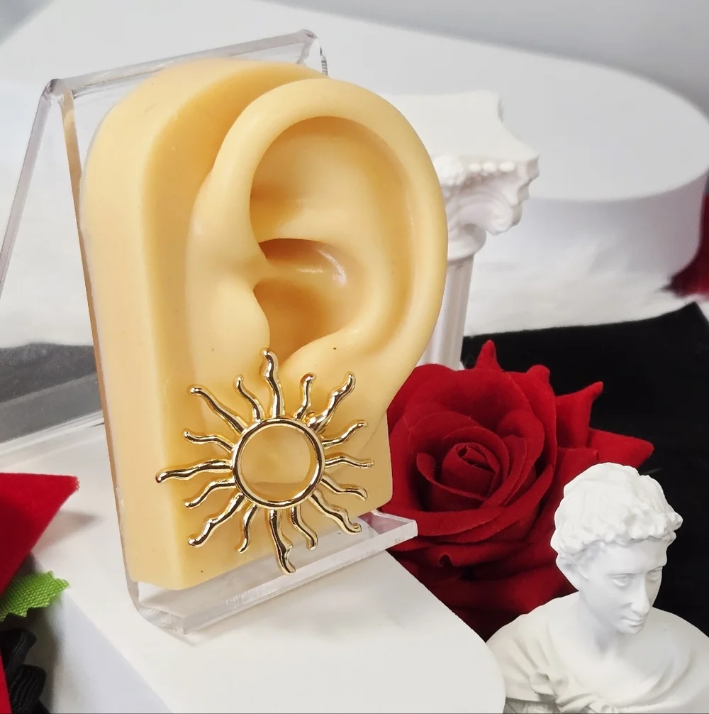 Gold Sunburst Stud Earrings Stainless Steel Radiant Sun Statement 28mm Goddess